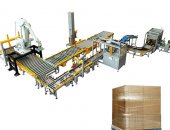 case and pallet End of line pallet wrapper with ABB robot palletizing packaging and pallet dispenser